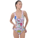 Seamless Pattern With Many Funny Cute Superhero Dinosaurs T-rex Mask Cloak With Comics Style Side Cut Out Swimsuit View1