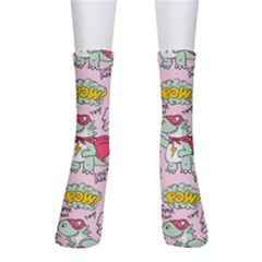 Seamless Pattern With Many Funny Cute Superhero Dinosaurs T-rex Mask Cloak With Comics Style Crew Socks by Ravend