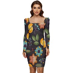 Christmas Seamless Pattern Women Long Sleeve Ruched Stretch Jersey Dress by Jancukart