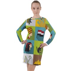 Egypt-travel-items-icons-set-flat-style Long Sleeve Hoodie Dress by Jancukart