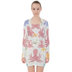 Underwater-seamless-pattern-light-background-funny V-neck Bodycon Long Sleeve Dress by Jancukart