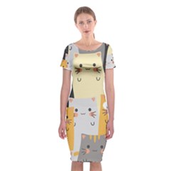 Seamless Pattern Cute Cat Cartoons Classic Short Sleeve Midi Dress by Wegoenart