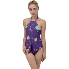Space Travels Seamless Pattern Vector Cartoon Go With The Flow One Piece Swimsuit by Wegoenart