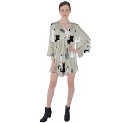 Cute-cat-seamless-pattern V-neck Flare Sleeve Mini Dress by Wegoenart