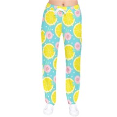 Blue Neon Lemons Women Velvet Drawstring Pants by ConteMonfrey