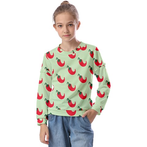 Small Mini Peppers Green Kids  Long Sleeve Tee With Frill  by ConteMonfrey