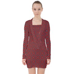 Red Diagonal Plaids V-neck Bodycon Long Sleeve Dress by ConteMonfrey