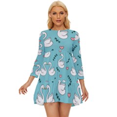 Elegant Swan Pattern Design Long Sleeve Babydoll Dress by Wegoenart
