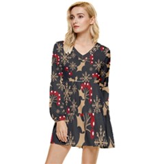 Christmas Pattern With Snowflakes-berries Tiered Long Sleeve Mini Dress by Wegoenart
