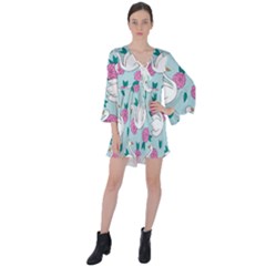Classy Swan Pattern V-neck Flare Sleeve Mini Dress by Wegoenart