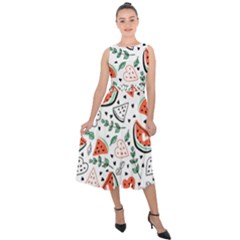Seamless-vector-pattern-with-watermelons-mint Midi Tie-back Chiffon Dress by Wegoenart