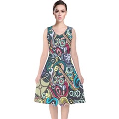 Cartoon-cute-doodles-hand-drawn-auto-service-seamless-pattern V-neck Midi Sleeveless Dress  by Wegoenart