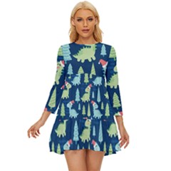 Cute-dinosaurs-animal-seamless-pattern-doodle-dino-winter-theme Long Sleeve Babydoll Dress by Wegoenart