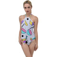 Tridimensional-pastel-shapes-background-memphis-style Go With The Flow One Piece Swimsuit by Wegoenart