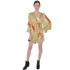 Gold Fish Seamless Pattern Background V-neck Flare Sleeve Mini Dress by Wegoenart