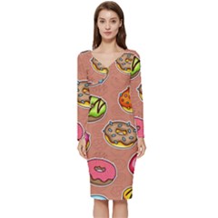 Doughnut Doodle Colorful Seamless Pattern Long Sleeve V-neck Bodycon Dress  by Wegoenart