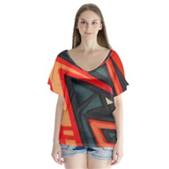 Graffiti Detail Wallpaper Texture Background V-neck Flutter Sleeve Top by Wegoenart