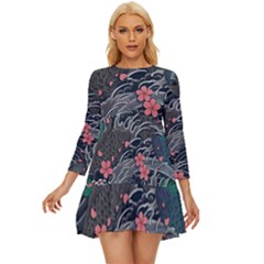 Japanese Wave Koi Illustration Seamless Pattern Long Sleeve Babydoll Dress by Wegoenart