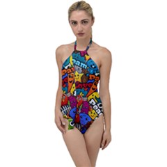 Graffiti Characters Seamless Pattern Go With The Flow One Piece Swimsuit by Wegoenart