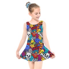 Graffiti Characters Seamless Pattern Kids  Skater Dress Swimsuit by Wegoenart