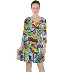 Comic Elements Colorful Seamless Pattern Quarter Sleeve Ruffle Waist Dress by Wegoenart