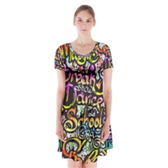 Graffiti Word Seamless Pattern Short Sleeve V-neck Flare Dress by Wegoenart