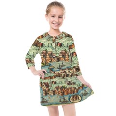 Medeival Ancient Map Fortress Island Seaport Town Kids  Quarter Sleeve Shirt Dress by Wegoenart