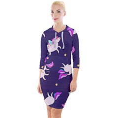 Fantasy Fat Unicorn Horse-pattern Fabric Design Quarter Sleeve Hood Bodycon Dress by Wegoenart