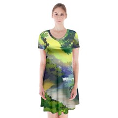 Landscape Illustration Nature Painting Short Sleeve V-neck Flare Dress by Wegoenart