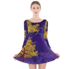 Landscape Illustration Night Light Long Sleeve Velvet Skater Dress by Wegoenart