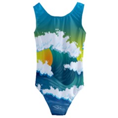 Dolphin Seagull Sea Ocean Wave Blue Water Kids  Cut-out Back One Piece Swimsuit by Wegoenart
