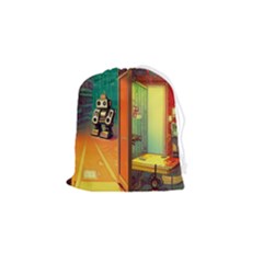 Illustration Robot Cute Sweet Futuristic Drawstring Pouch (small) by Wegoenart