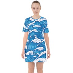 Storm Waves Seamless Pattern Raging Ocean Water Sea Wave Vintage Japanese Storms Print Illustration Sixties Short Sleeve Mini Dress by BangZart