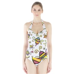 Bee Doodle Cartoon Halter Swimsuit by Wegoenart