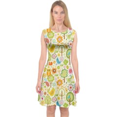 Nature Doodle Art Trees Birds Owl Children Pattern Multi Colored Capsleeve Midi Dress by danenraven