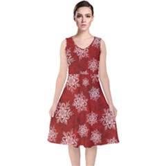 Snowflakes And Star Patternsred Snow V-neck Midi Sleeveless Dress  by artworkshop