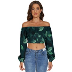 Leaves Pattern Long Sleeve Crinkled Weave Crop Top by artworkshop