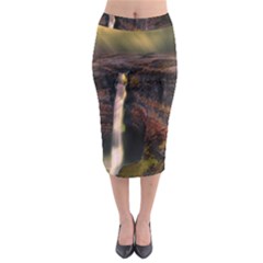 Waterfall Cascade Mountains Cliffs Northern Lights Midi Pencil Skirt by danenraven