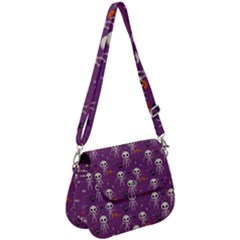 Background Halloween Pattern Pumpkin Skeleton Bat Saddle Handbag by Ravend