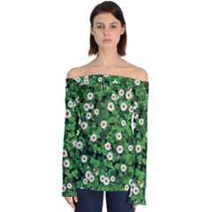 Daisies Clovers Lawn Digital Drawing Background Off Shoulder Long Sleeve Top by Ravend