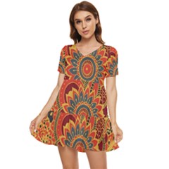 Bright Seamless Pattern-with-paisley-mehndi-elements-hand-drawn-wallpaper-with-floral-traditional-in Tiered Short Sleeve Babydoll Dress by BangZart