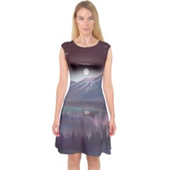 Mountains Nature Forest Moon Landscape Moonlight Capsleeve Midi Dress by Pakemis
