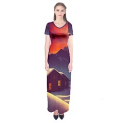 Cabin Mountains Snow Sun Winter Dusk Short Sleeve Maxi Dress by Pakemis
