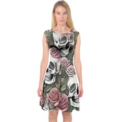 Skulls Roses Wallpaper Garden Artwork Capsleeve Midi Dress by Pakemis