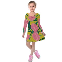 Pink Flower Seamless Pattern Kids  Long Sleeve Velvet Dress by Pakemis