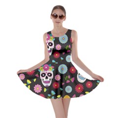 Day Dead Skull With Floral Ornament Flower Seamless Pattern Skater Dress by Pakemis