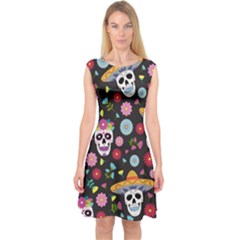 Day Dead Skull With Floral Ornament Flower Seamless Pattern Capsleeve Midi Dress by Pakemis