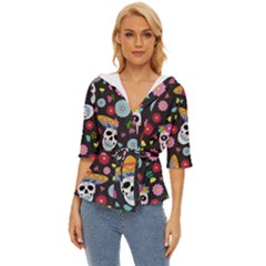 Day Dead Skull With Floral Ornament Flower Seamless Pattern Lightweight Drawstring Hooded Top by Pakemis