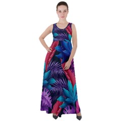 Background With Violet Blue Tropical Leaves Empire Waist Velour Maxi Dress by Pakemis
