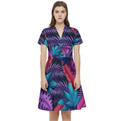 Background With Violet Blue Tropical Leaves Short Sleeve Waist Detail Dress by Pakemis